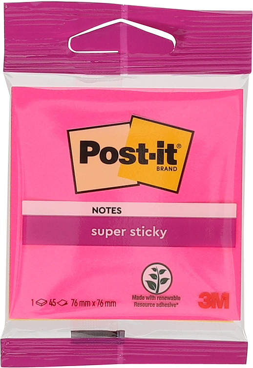 Post-it® Super Sticky Notes, 4 Assorterte Farger, 76 mm X 76 Mm, 45 Ark/blokk, 1 Blokk/pakke