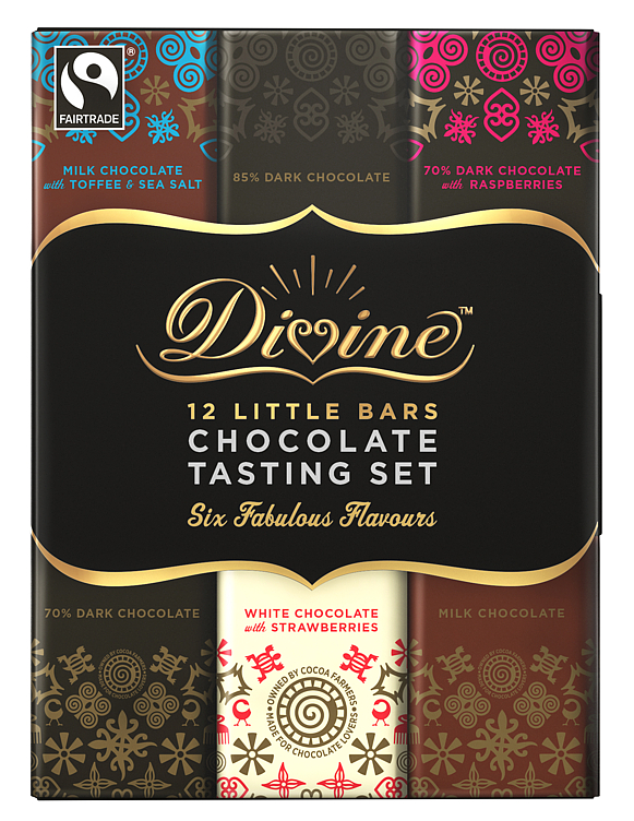 Divine Fairtrade Chocolate Tasting Set 180g 12 Små Sjokolader i 6 Forskjellige Smaker