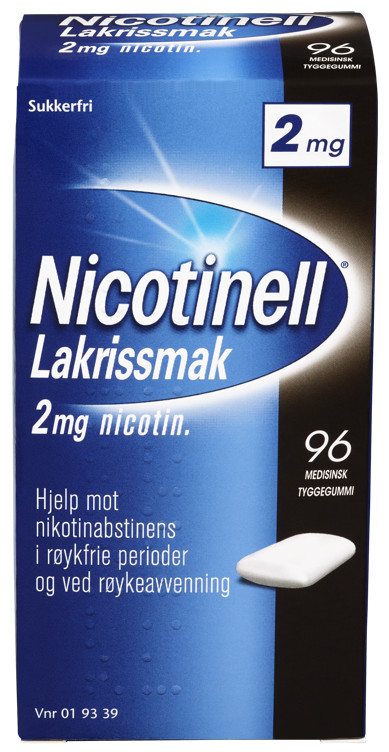 Nicotinell 2mg Tyggegummi For Røykeslutt Lakris 96stk Ved Nikotinabstinens i Røykfrie Perioder og Ved Røykeavvenning