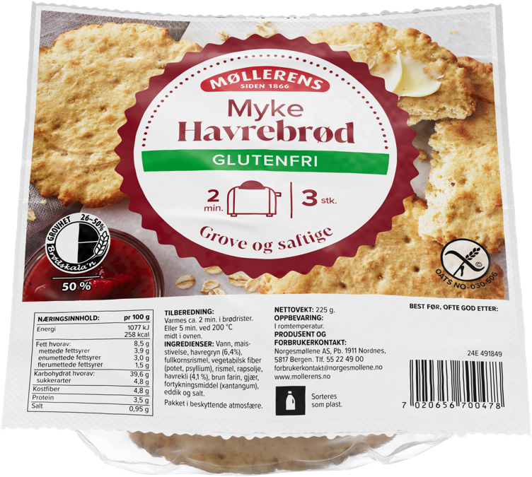 Myke Havrebrød 225g Glutenfri Møllerens Kassalapp® 