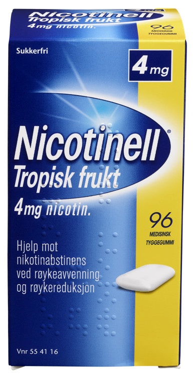 Nicotinell 4mg Tyggegummi For Røykeslutt Tropisk Frukt 96stk Ved Nikotinabstinenser i Røykfrie Perioder og Ved Røykeavvenning