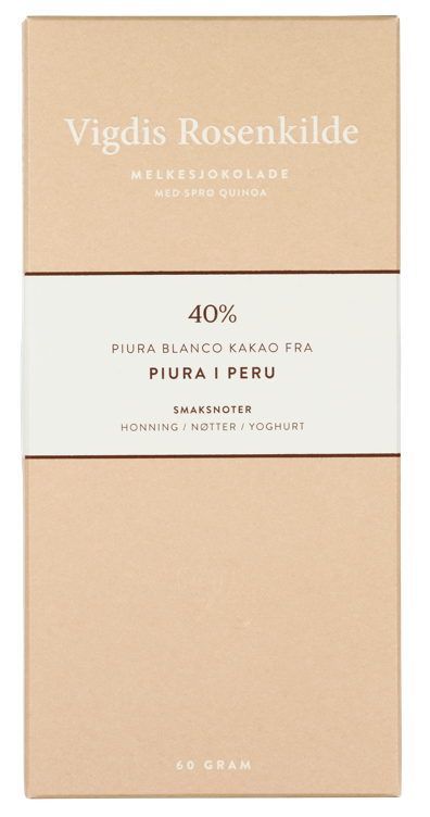 40% Piura Melkesjokolade med Quinoa Vigdis Rosenkilde