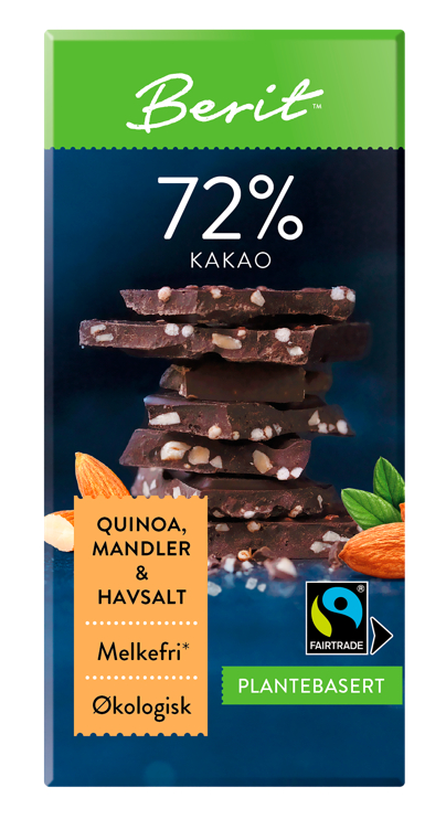 Berit™ 72 % Kakao Melkefri Mørk Sjokolade Quinoa Mandler og Havsalt