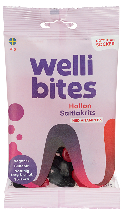 Wellibites Sukkerfri Vegansk Glutenfri Godteri med Vitamin B6 Bringebær og Salt Lakris 70g