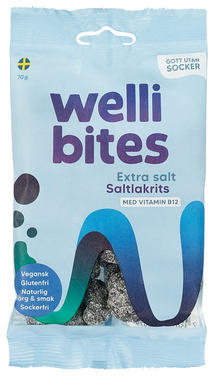 Wellibites Sukkerfri Vegansk Glutenfri Godteri med B12 Extra Salt Saltlakris 70g