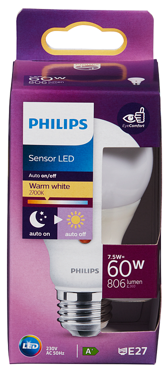 Led Sensorpære med Dag og Nattlys-sensor 60w E27 Normal Philips